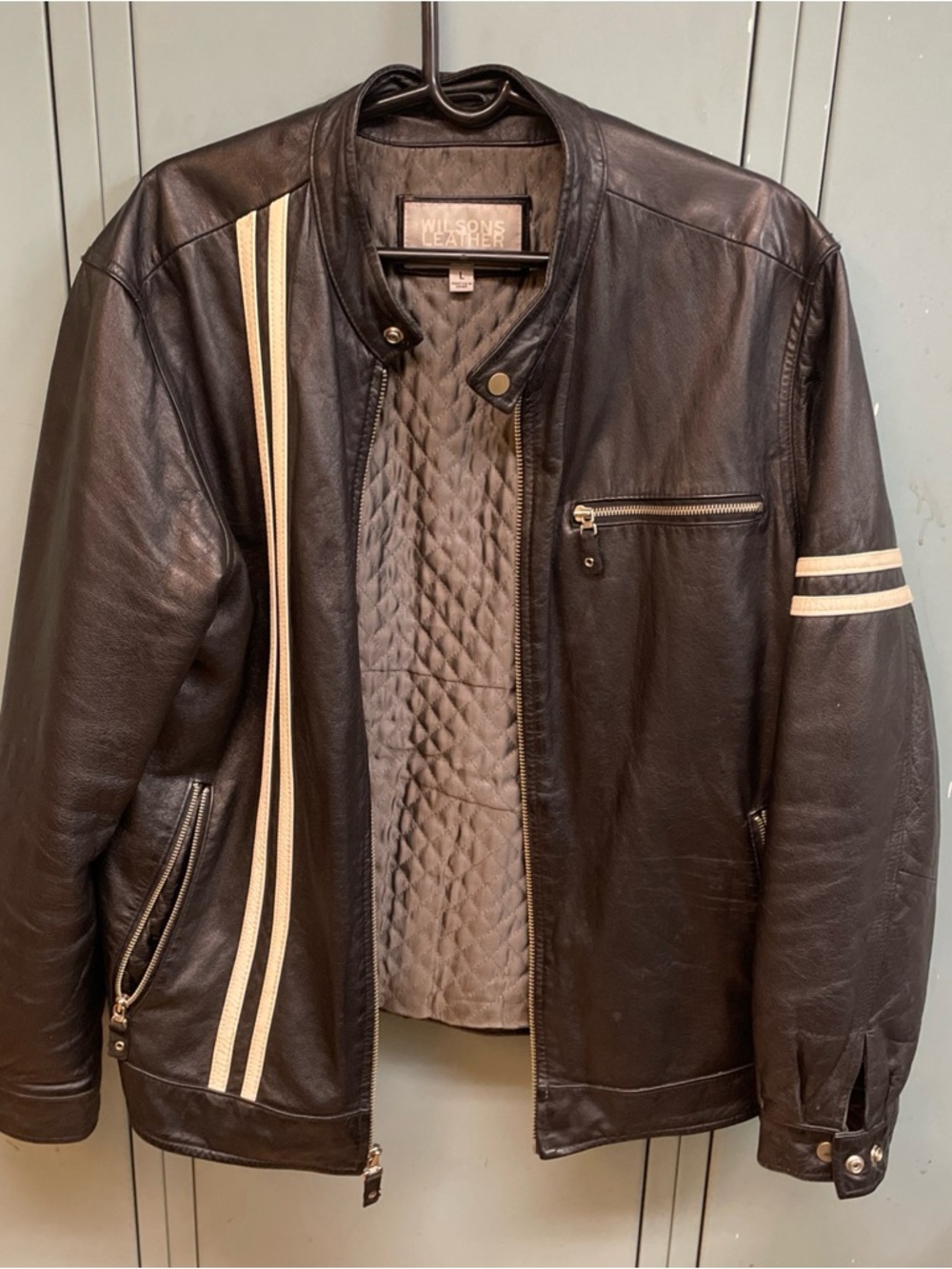 Wilsons Leather Men’s Black Leather Bomber Jacket with Cream Racing Stripes